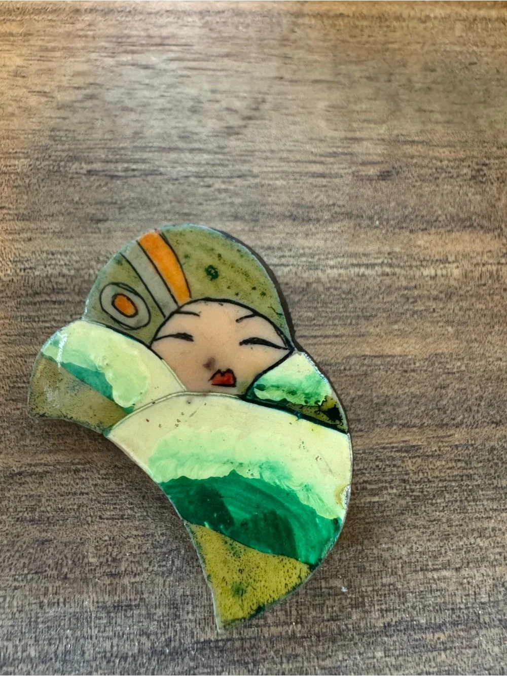 Vintage 1920s Lacquered Wood -Painted Art Pin